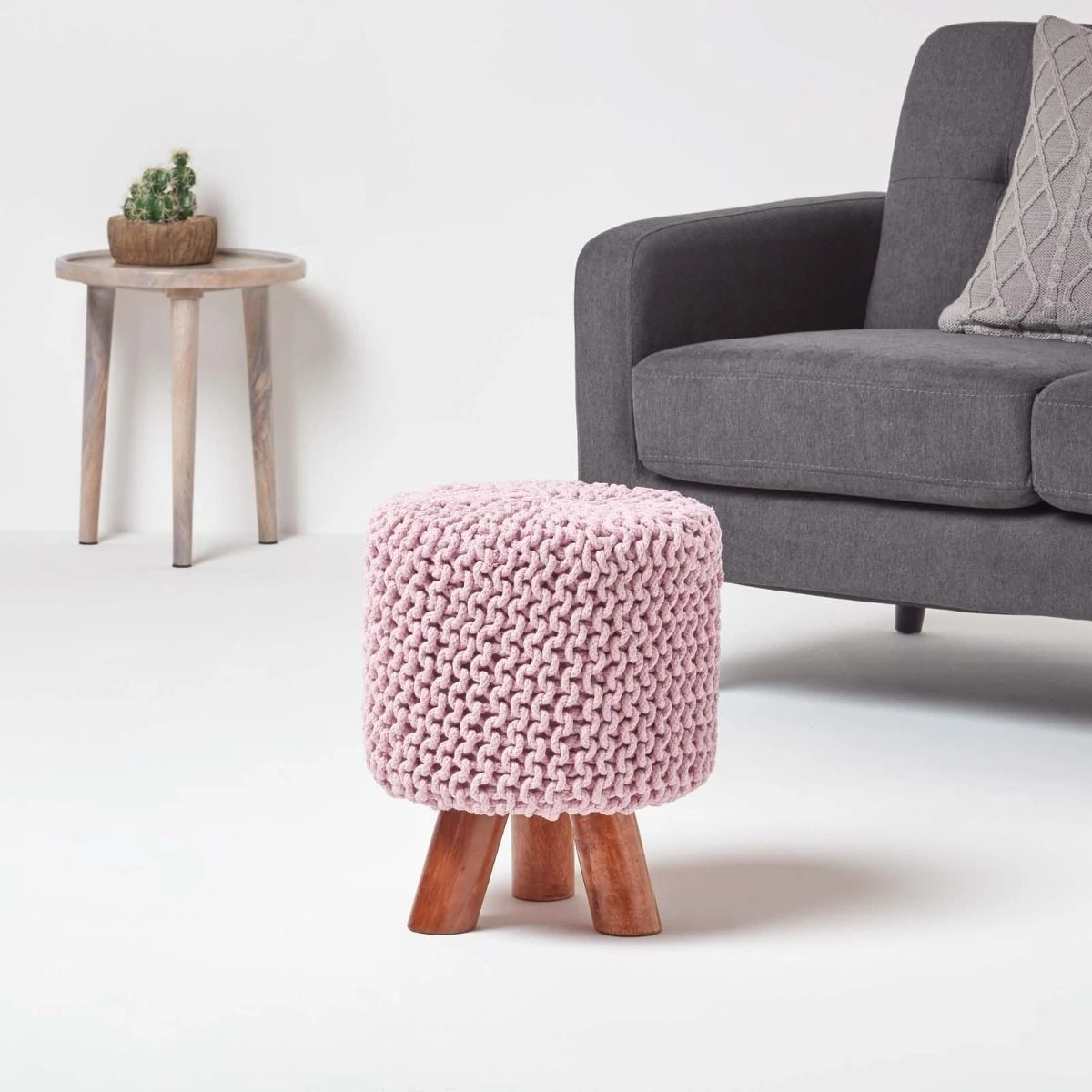 Pastel Pink Tall Cotton Knitted Footstool On Legs 4 Pastel Pink Tall Cotton Knitted Footstool On Legs - Image 2