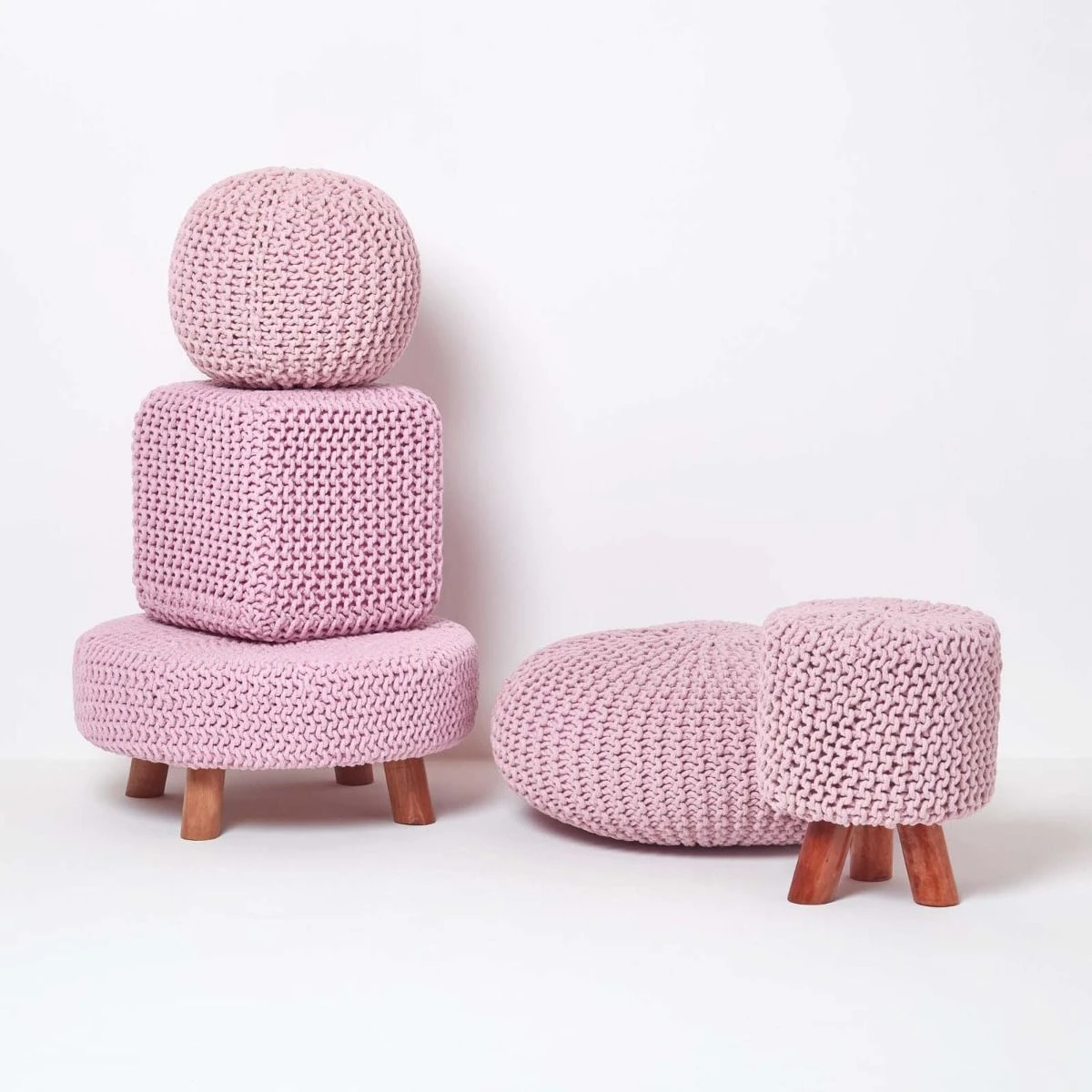Pastel Pink Tall Cotton Knitted Footstool On Legs 7 Pastel Pink Tall Cotton Knitted Footstool On Legs - Image 5