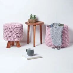 Pastel Pink Tall Cotton Knitted Footstool On Legs 13 Pastel Pink Tall Cotton Knitted Footstool On Legs -Best Homeware Store sf1589 06