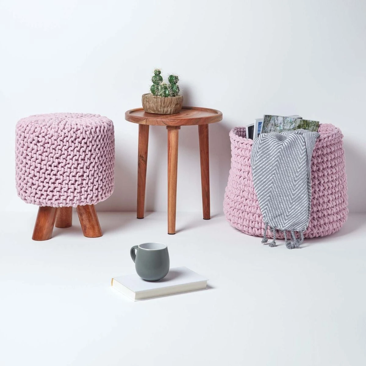 Pastel Pink Tall Cotton Knitted Footstool On Legs 8 Pastel Pink Tall Cotton Knitted Footstool On Legs - Image 6