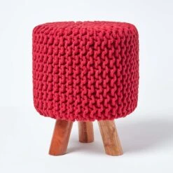 Red Tall Cotton Knitted Footstool On Legs