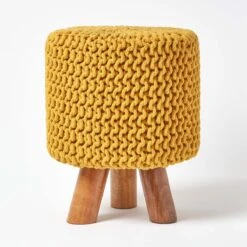 Mustard Tall Cotton Knitted Footstool On Legs