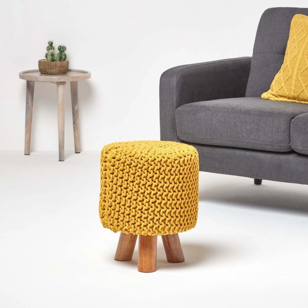 Mustard Tall Cotton Knitted Footstool On Legs 4 Mustard Tall Cotton Knitted Footstool On Legs - Image 2