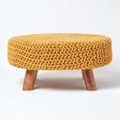 Mustard Large Round Cotton Knitted Footstool On Legs