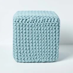Duck Egg Blue Cube Cotton Knitted Pouffe Footstool