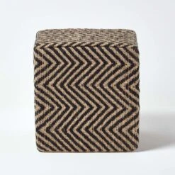 Black And Off-White Herringbone Jute Cube Pouffe 36 X 36 X 38 Cm