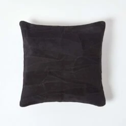 Black Real Leather Suede Cushion With Feather Filling