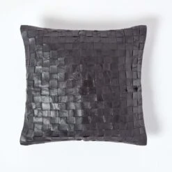 Black Real Leather Basketweave Check Suede Cushion With Feather Filling
