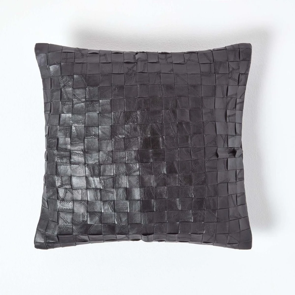 Black Real Leather Basketweave Check Suede Cushion With Feather Filling 3 Black Real Leather Basketweave Check Suede Cushion With Feather Filling