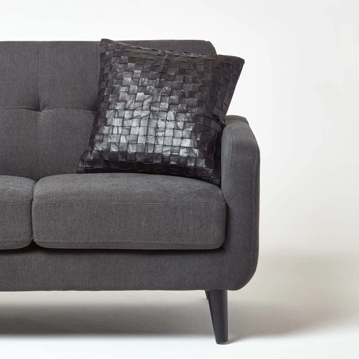 Black Real Leather Basketweave Check Suede Cushion With Feather Filling 6 Black Real Leather Basketweave Check Suede Cushion With Feather Filling - Image 4