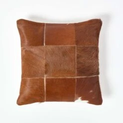 Beige Real Leather & Goat Hair Large Check Cushion With Feather Filling
