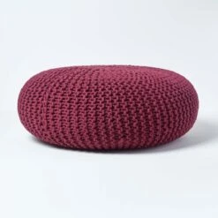Plum Large Round Cotton Knitted Pouffe Footstool