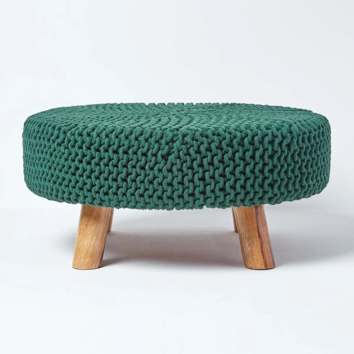 Forest Green Large Round Cotton Knitted Footstool On Legs 3 Forest Green Large Round Cotton Knitted Footstool On Legs