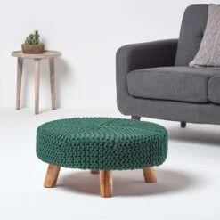 Forest Green Large Round Cotton Knitted Footstool On Legs 9 Forest Green Large Round Cotton Knitted Footstool On Legs -Best Homeware Store sf1664e 02