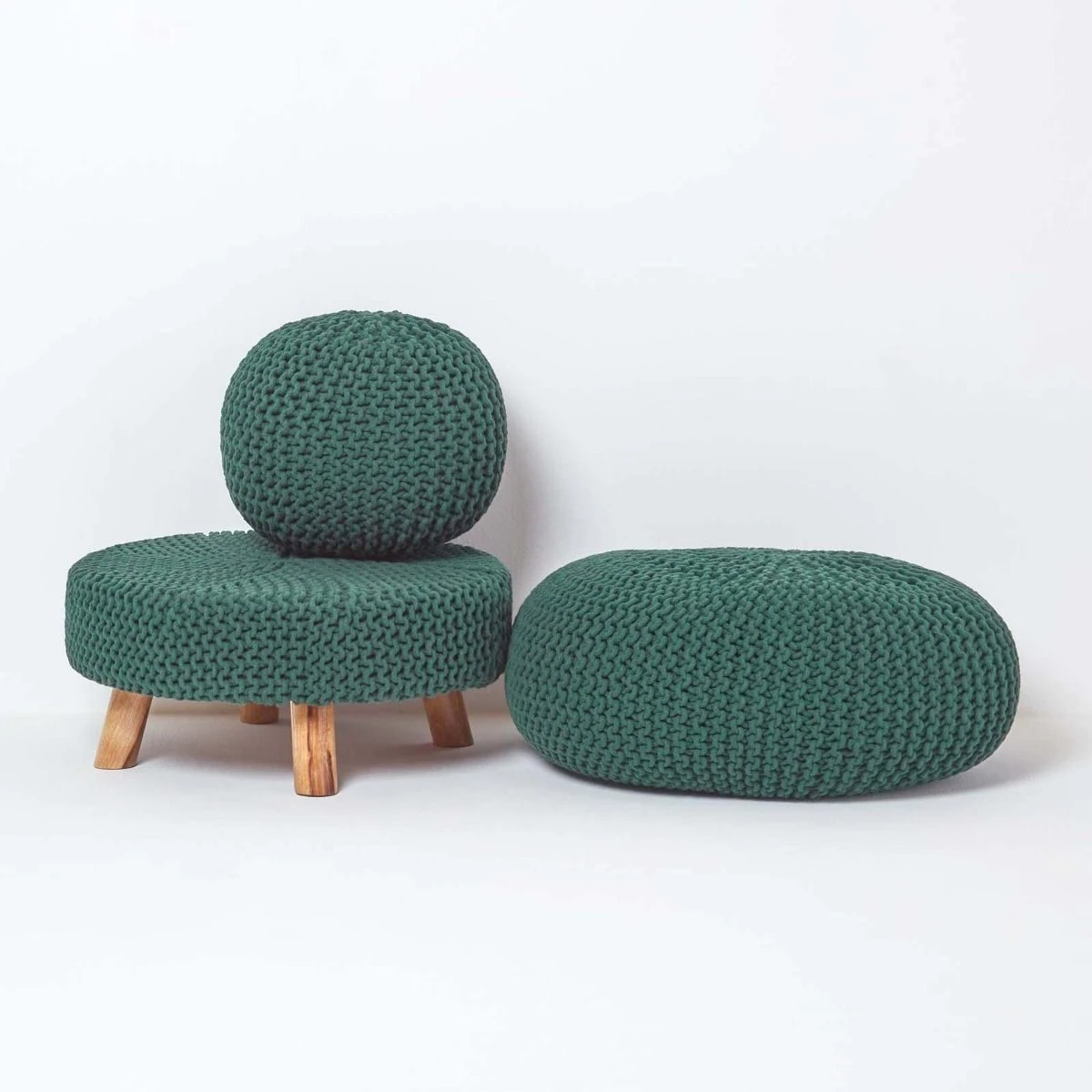 Forest Green Large Round Cotton Knitted Footstool On Legs 7 Forest Green Large Round Cotton Knitted Footstool On Legs - Image 5