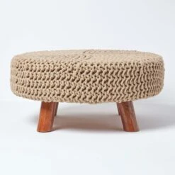 Linen Large Round Cotton Knitted Footstool On Legs