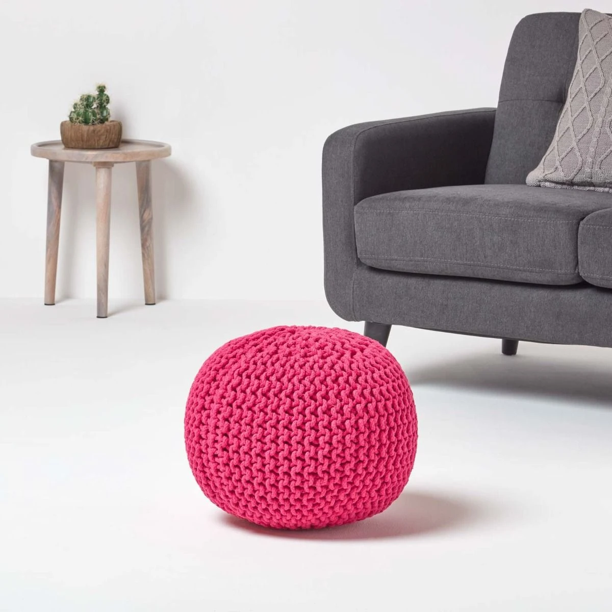 Hot Pink Round Cotton Knitted Pouffe Footstool 4 Hot Pink Round Cotton Knitted Pouffe Footstool - Image 2