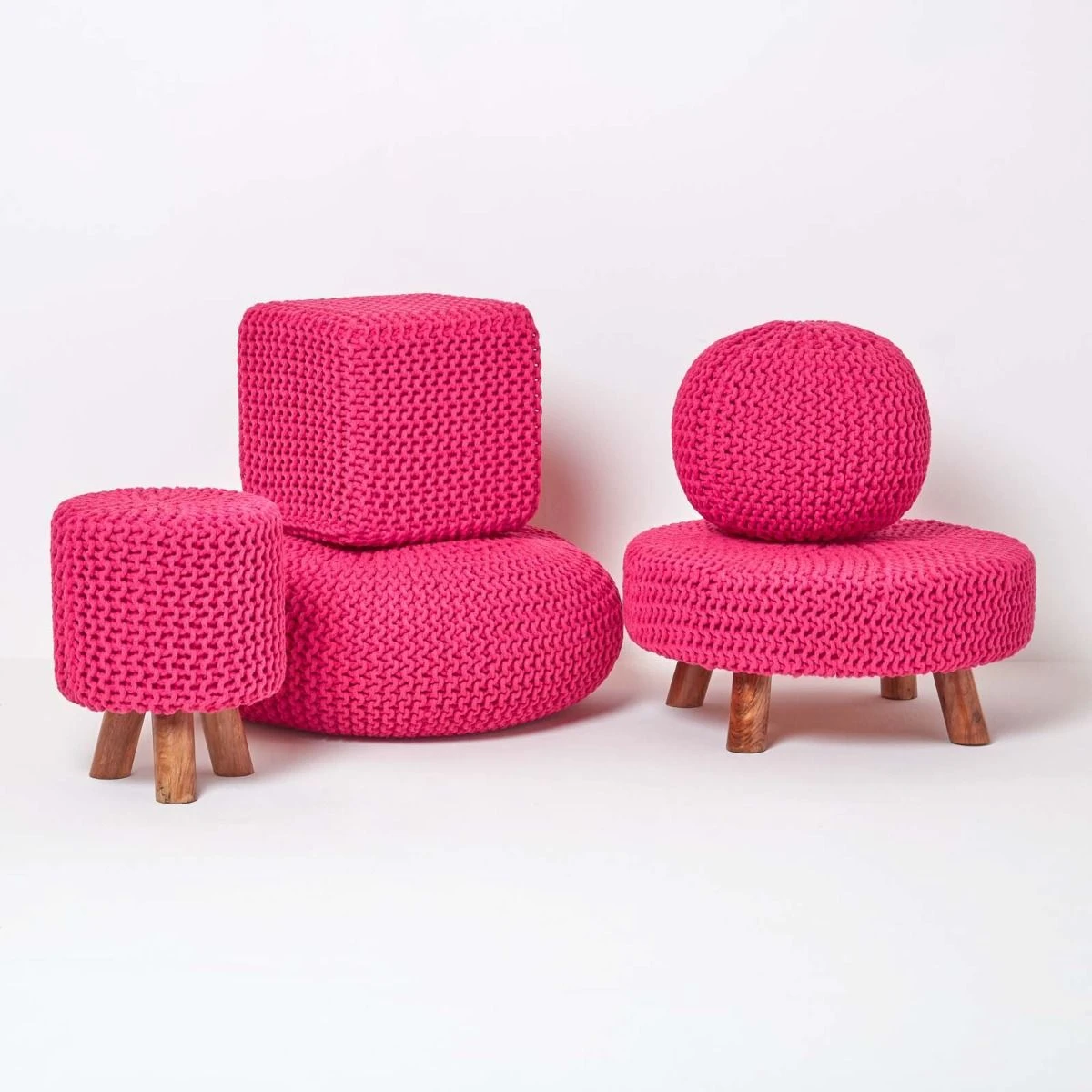 Hot Pink Round Cotton Knitted Pouffe Footstool 7 Hot Pink Round Cotton Knitted Pouffe Footstool - Image 5