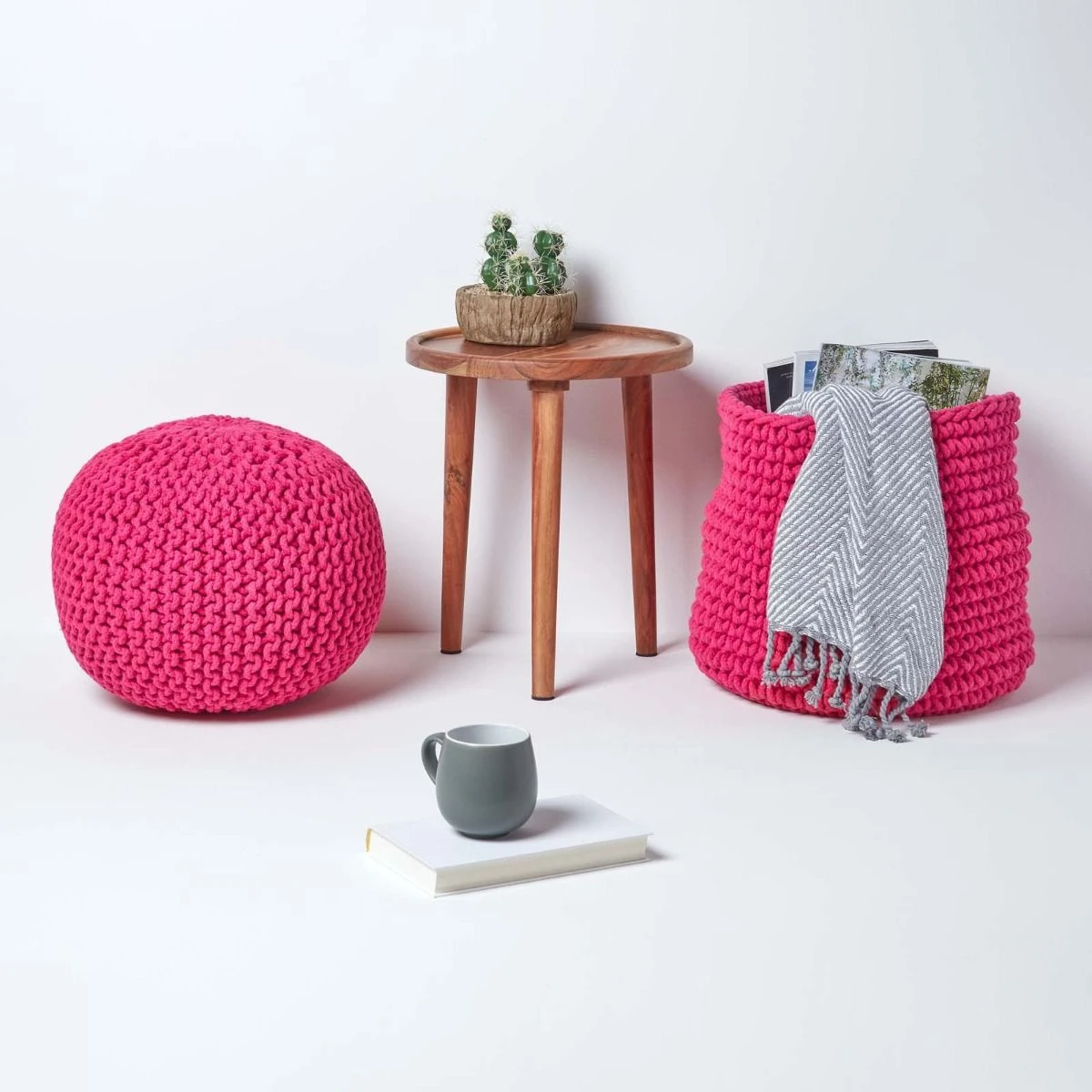 Hot Pink Round Cotton Knitted Pouffe Footstool 8 Hot Pink Round Cotton Knitted Pouffe Footstool - Image 6