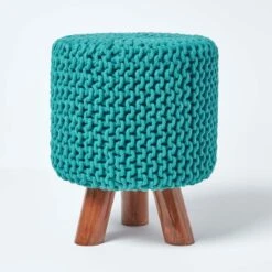 Teal Green Tall Cotton Knitted Footstool On Legs