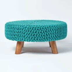 Teal Green Large Round Cotton Knitted Footstool On Legs