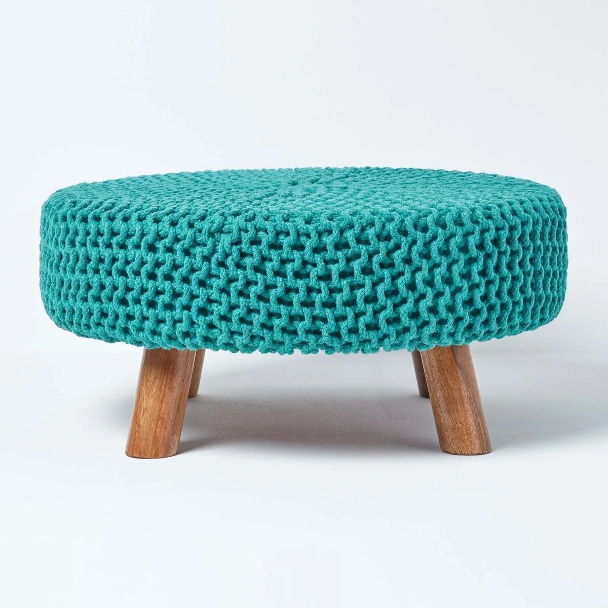Teal Green Large Round Cotton Knitted Footstool On Legs 3 Teal Green Large Round Cotton Knitted Footstool On Legs