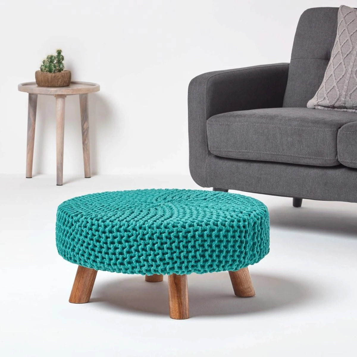 Teal Green Large Round Cotton Knitted Footstool On Legs 4 Teal Green Large Round Cotton Knitted Footstool On Legs - Image 2