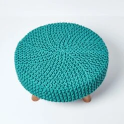 Teal Green Large Round Cotton Knitted Footstool On Legs 10 Teal Green Large Round Cotton Knitted Footstool On Legs -Best Homeware Store sf1673e 03