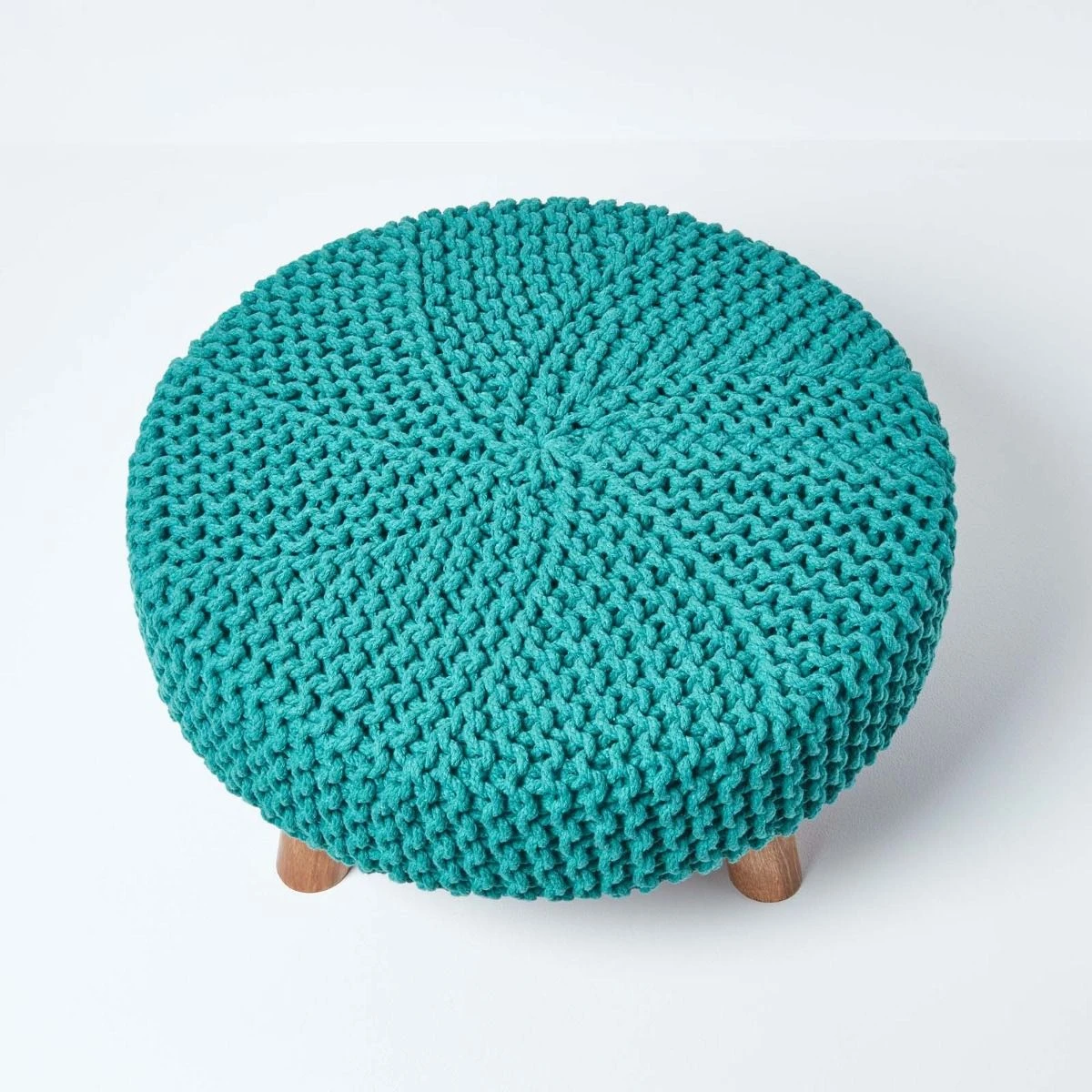 Teal Green Large Round Cotton Knitted Footstool On Legs 5 Teal Green Large Round Cotton Knitted Footstool On Legs - Image 3