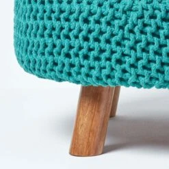 Teal Green Large Round Cotton Knitted Footstool On Legs 11 Teal Green Large Round Cotton Knitted Footstool On Legs -Best Homeware Store sf1673e 04