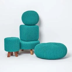 Teal Green Large Round Cotton Knitted Footstool On Legs 12 Teal Green Large Round Cotton Knitted Footstool On Legs -Best Homeware Store sf1673e 05