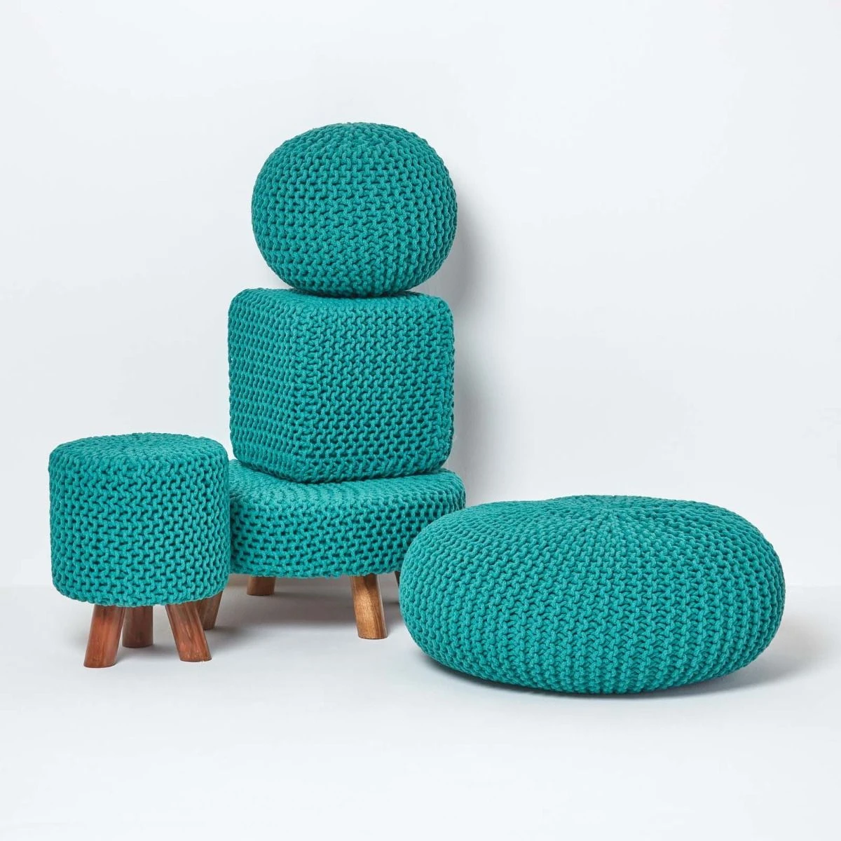 Teal Green Large Round Cotton Knitted Footstool On Legs 7 Teal Green Large Round Cotton Knitted Footstool On Legs - Image 5