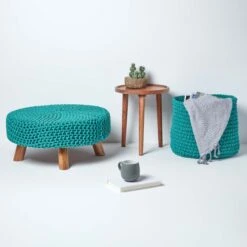 Teal Green Large Round Cotton Knitted Footstool On Legs 13 Teal Green Large Round Cotton Knitted Footstool On Legs -Best Homeware Store sf1673e 06
