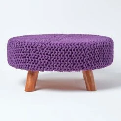 Purple Large Round Cotton Knitted Footstool On Legs