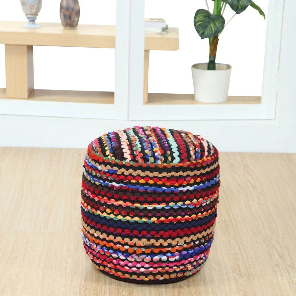 Multi Coloured Folk Woven Bean Filled Pouffe Circular 45 Cm 5 Multi Coloured Folk Woven Bean Filled Pouffe Circular 45 Cm - Image 3