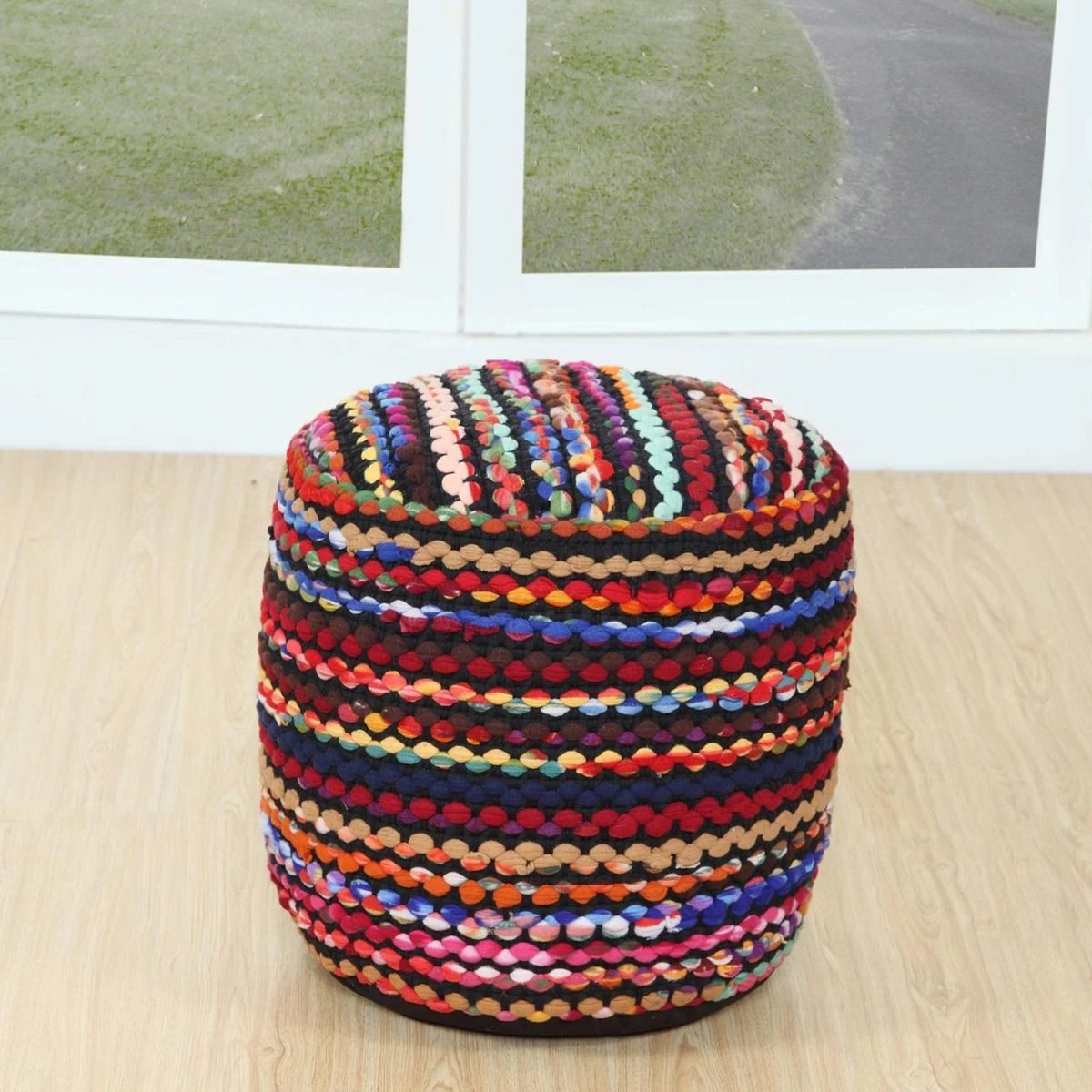 Multi Coloured Folk Woven Bean Filled Pouffe Circular 45 Cm 4 Multi Coloured Folk Woven Bean Filled Pouffe Circular 45 Cm - Image 2