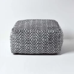 Trance Black And White Diamond Pattern Recycled Fibre Square Bean Filled Pouffe, 60 Cm