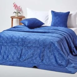 Navy Blue Paragon Diamond Geometric Velvet Bedspread