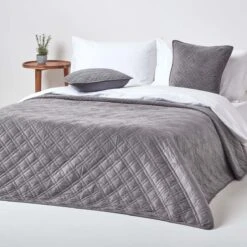 Dark Grey Paragon Diamond Geometric Velvet Bedspread, 200 X 200 Cm