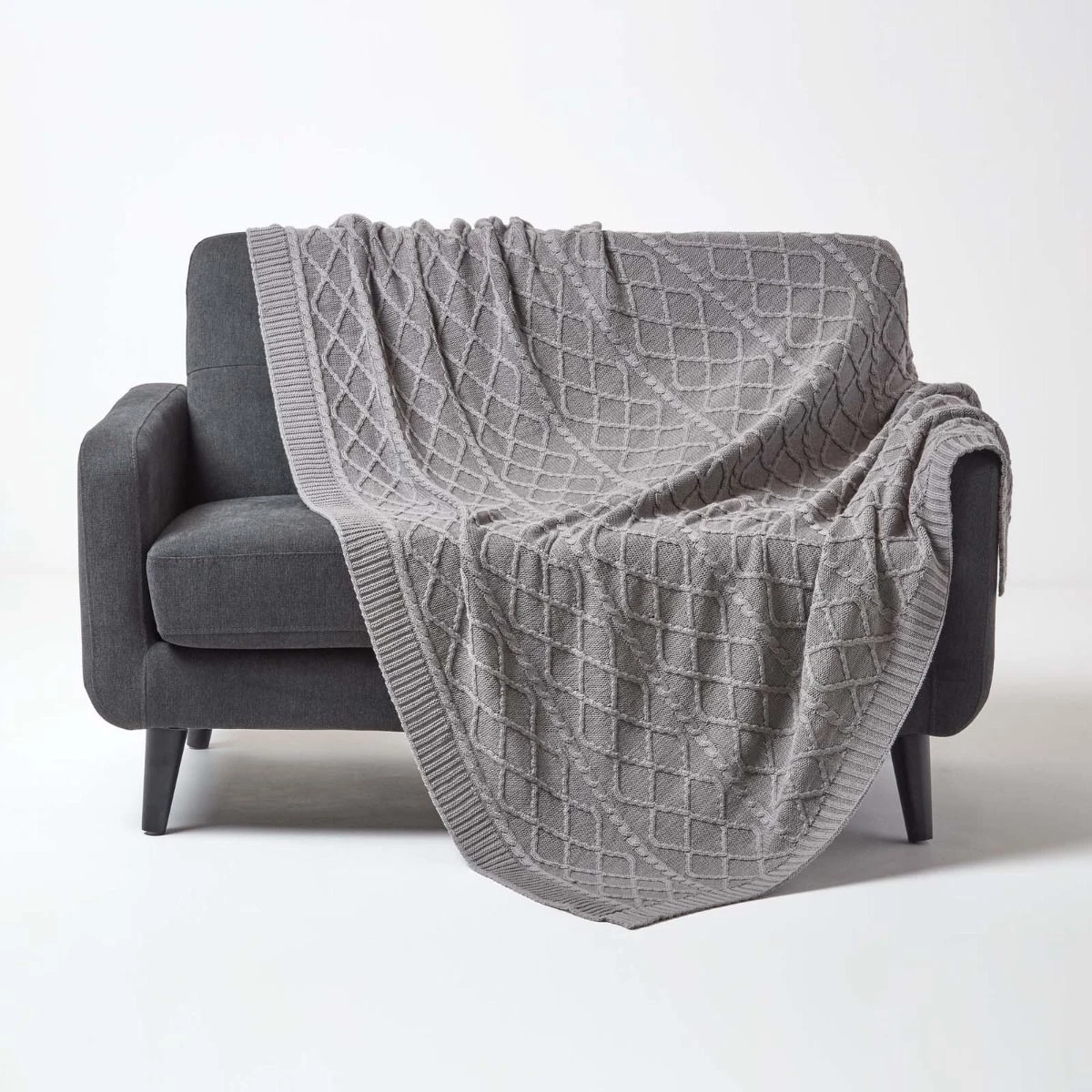 Grey Diamond Cable Knit Cotton Throw 3 Grey Diamond Cable Knit Cotton Throw
