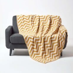 Mustard Chevron Cotton Knitted Throw
