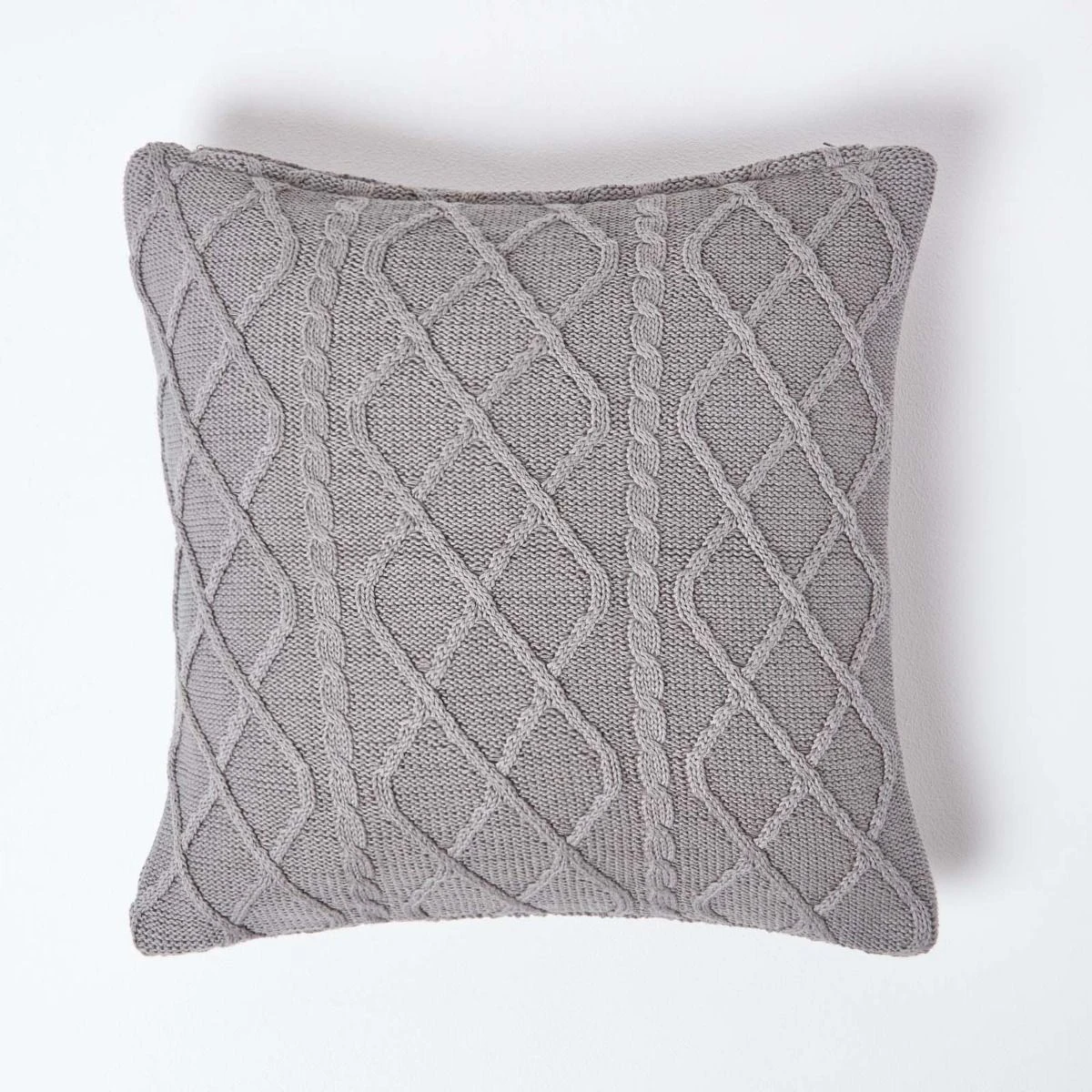 Grey Diamond Cable Knit Cushion Cover, 45 X 45 Cm 3 Grey Diamond Cable Knit Cushion Cover, 45 X 45 Cm