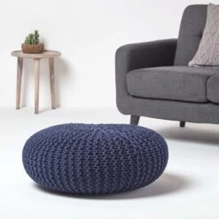 Navy Blue Large Round Cotton Knitted Pouffe Footstool 9 Navy Blue Large Round Cotton Knitted Pouffe Footstool -Best Homeware Store sf2003a 02
