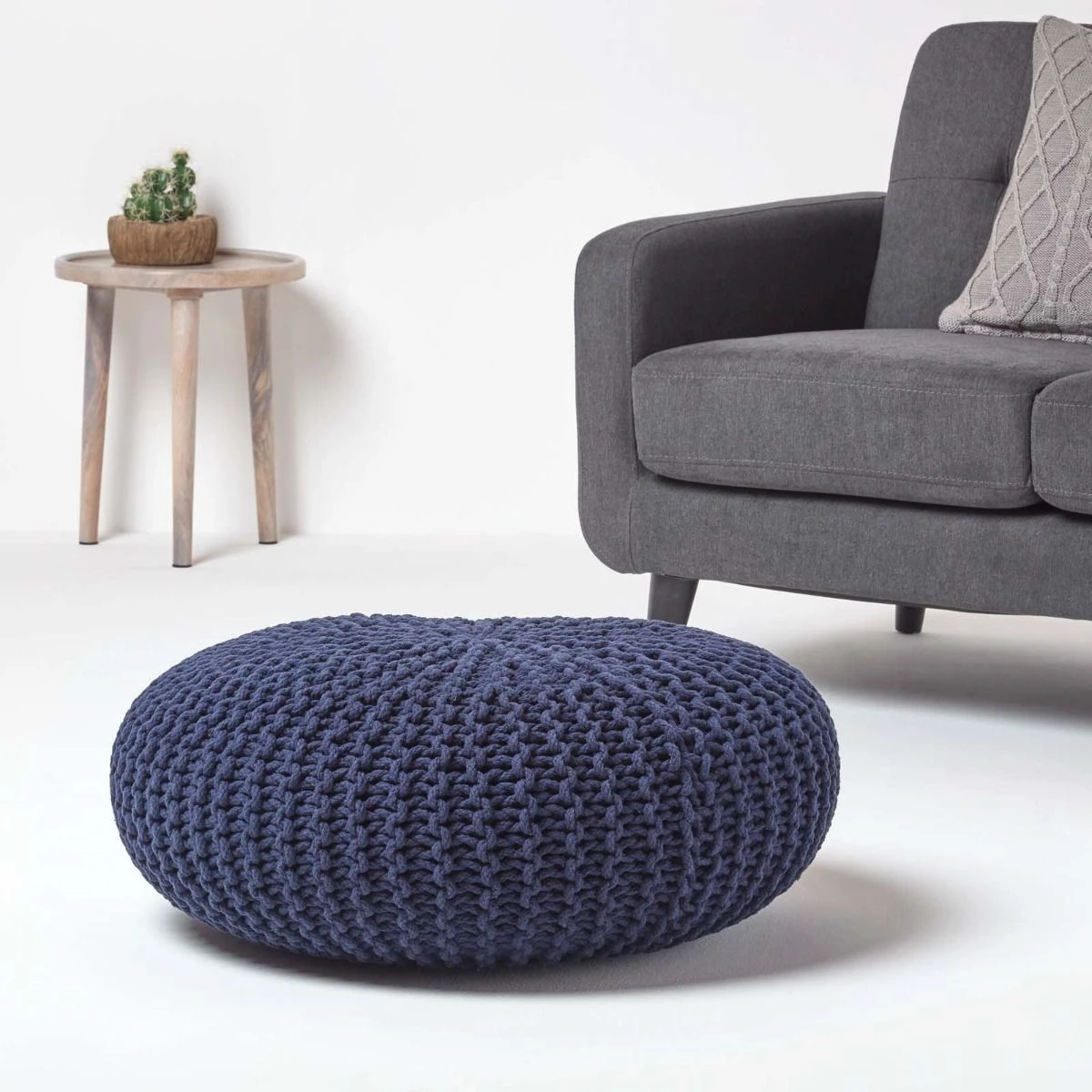 Navy Blue Large Round Cotton Knitted Pouffe Footstool 4 Navy Blue Large Round Cotton Knitted Pouffe Footstool - Image 2