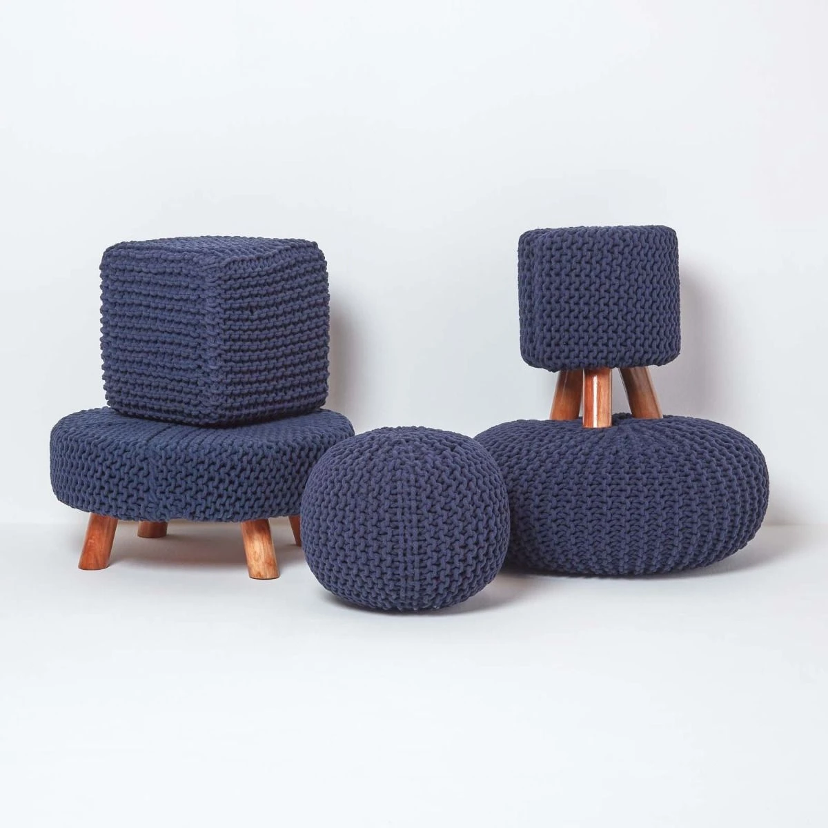 Navy Blue Large Round Cotton Knitted Pouffe Footstool 7 Navy Blue Large Round Cotton Knitted Pouffe Footstool - Image 5