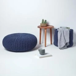 Navy Blue Large Round Cotton Knitted Pouffe Footstool 13 Navy Blue Large Round Cotton Knitted Pouffe Footstool -Best Homeware Store sf2003a 06