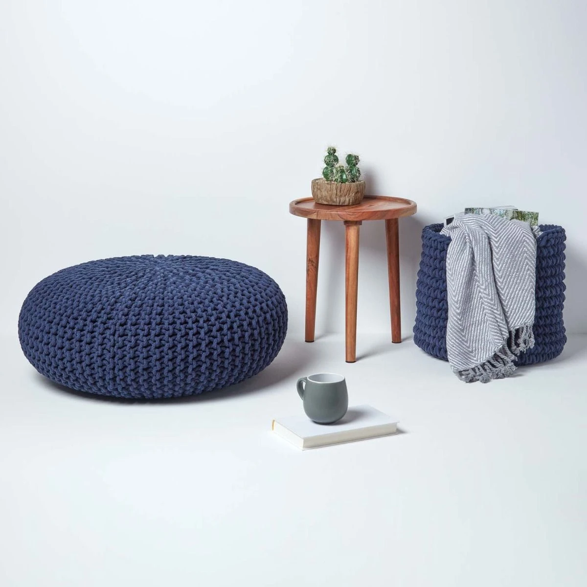 Navy Blue Large Round Cotton Knitted Pouffe Footstool 8 Navy Blue Large Round Cotton Knitted Pouffe Footstool - Image 6
