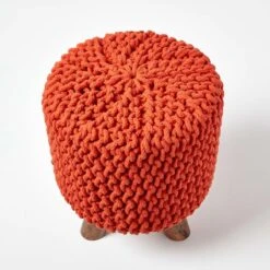 Burnt Orange Tall Cotton Knitted Footstool On Legs 8 Burnt Orange Tall Cotton Knitted Footstool On Legs -Best Homeware Store sf2004b 03