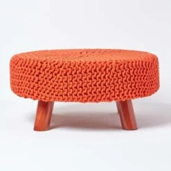 Burnt Orange Large Round Cotton Knitted Footstool On Legs
