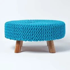 Teal Blue Large Round Cotton Knitted Footstool On Legs